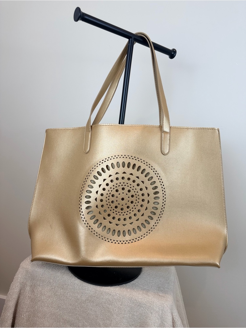 Neiman Marcus Metallic Gold Tote with Laser-Cut Medallion
